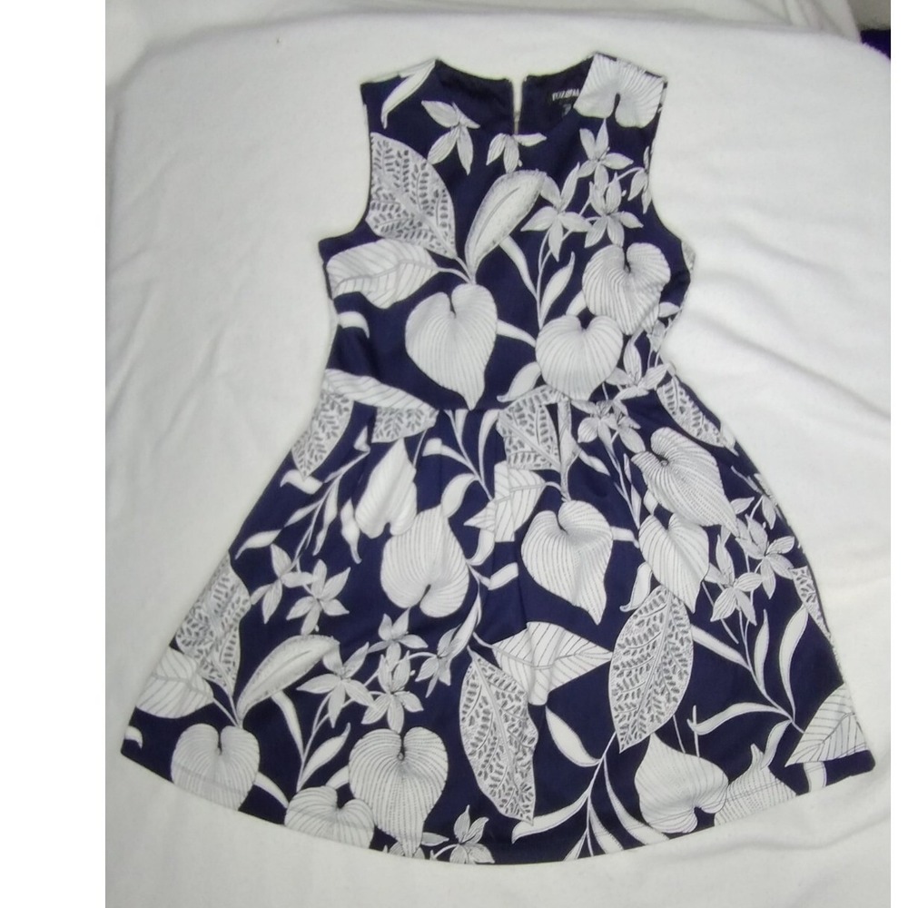 Roz & Ali Navy Blue & White Floral Fit Flare Dress Petite 12P Sleeveless